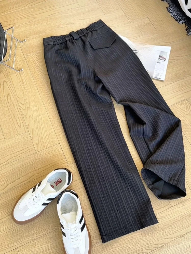 Black Slim Fit Trousers for Boys with Knife  Stripe Straight Leg Drapey Suit Loose Wide Leg Pants Casual Youth Style