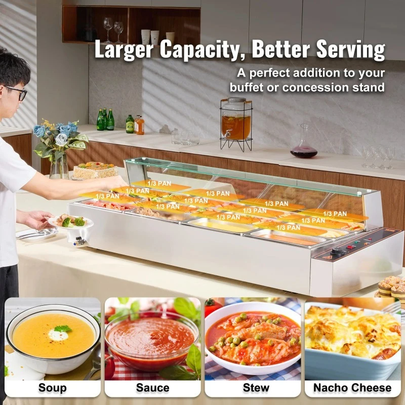 Commercial Food Warmer Electric Steam Table for Soap with Glass Cover & Temp Control for Catering Buffet Restaurant