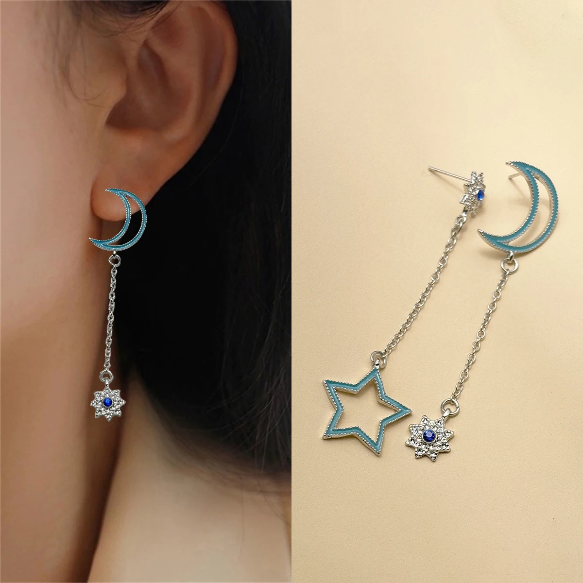 

CARTER LISA Fashion Blue Enamel Chain Long Earrings Crystal Star Moon Geometric Drop Earrings For Women Party Gift Ear Jewelry