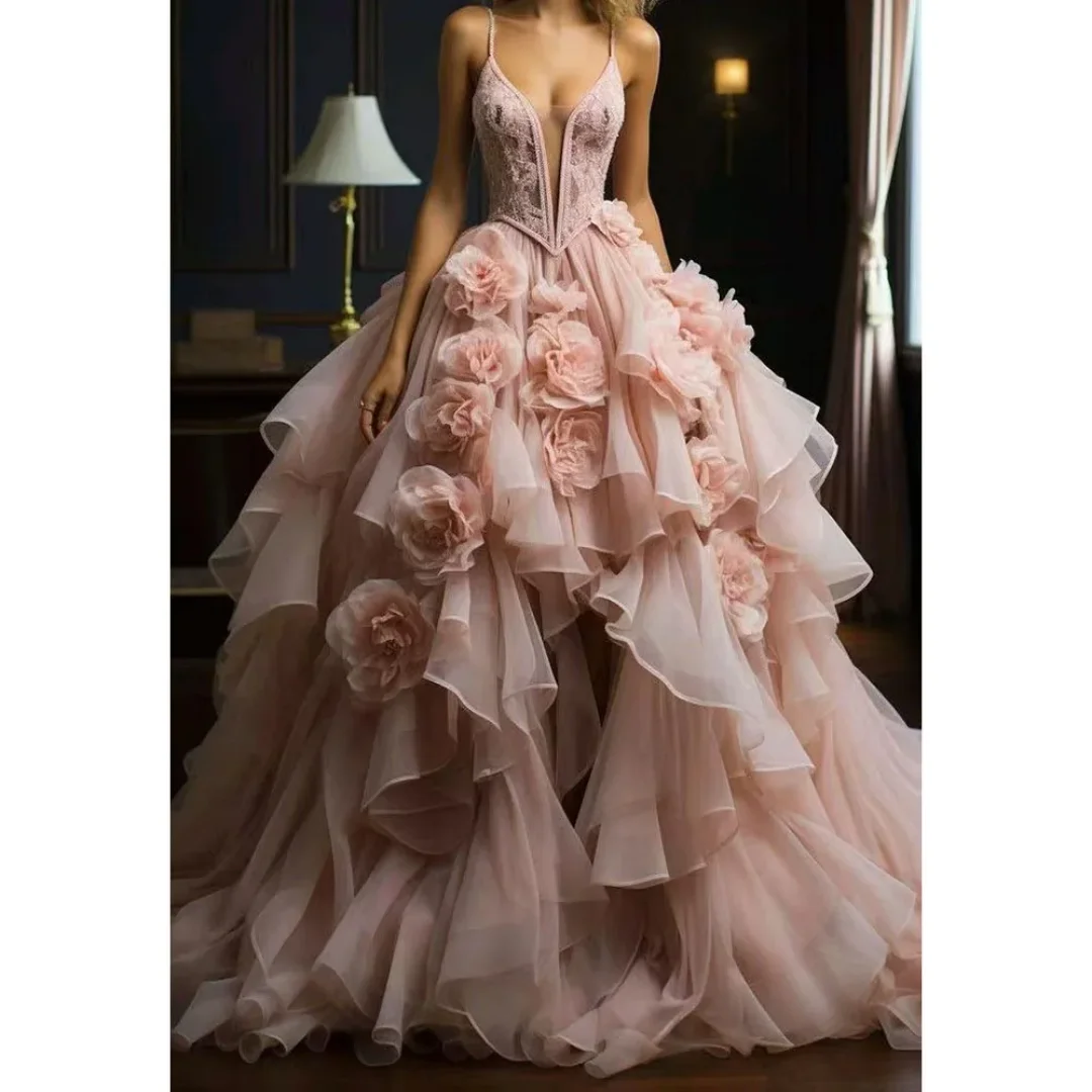 

Luxury Spaghetti Strap V-Neck Floor Length Gowns Flowers Special Occasion Elegant Women Dress Exquisite Pink Evening Dresses