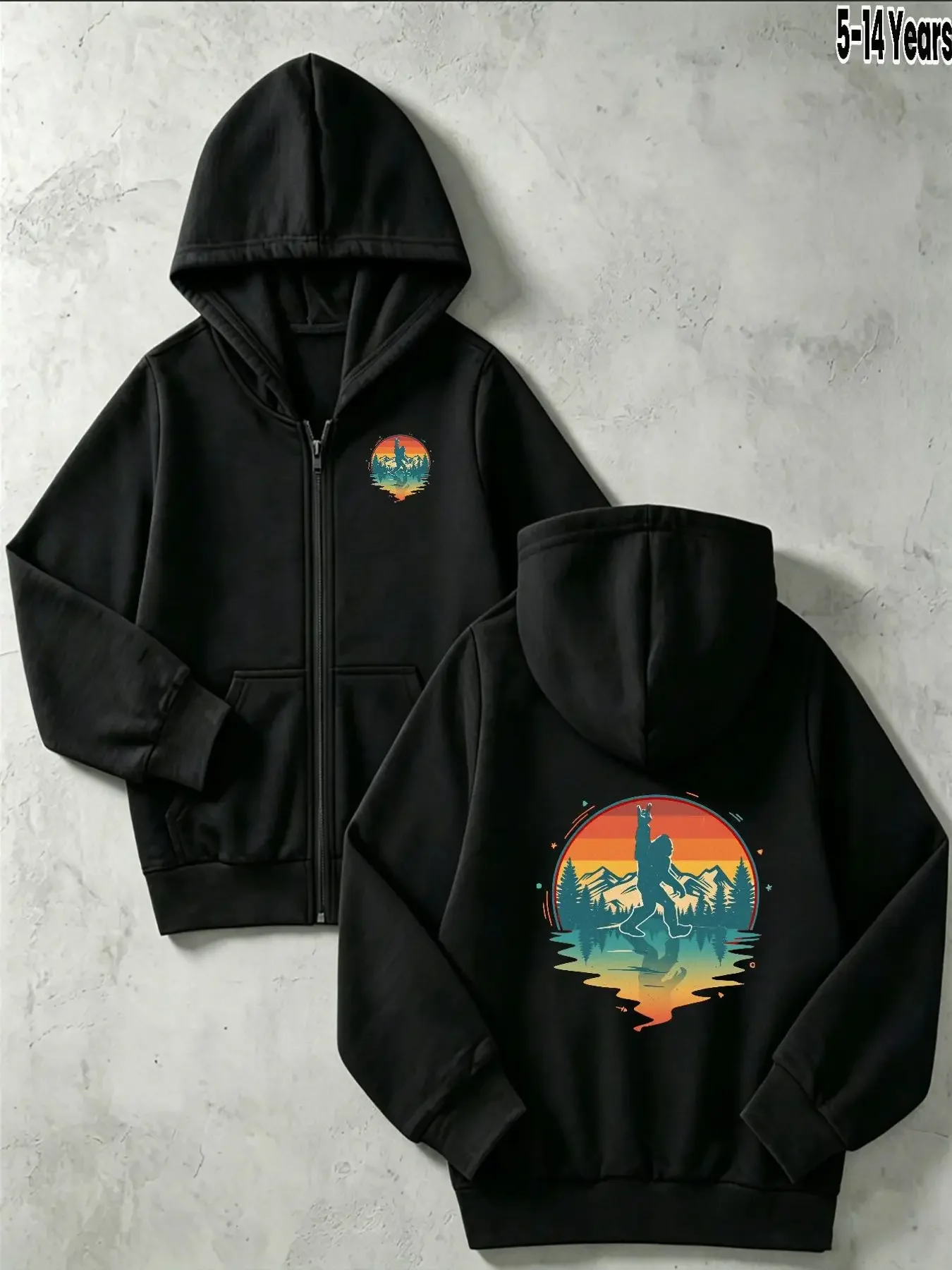 Kids Retro Sunset Bigfoot Mountain Graphic Zip Up Hoodie Loose Long Sleeve Hooded Jacket Outdoor Casual Outerwear For Boys Girls