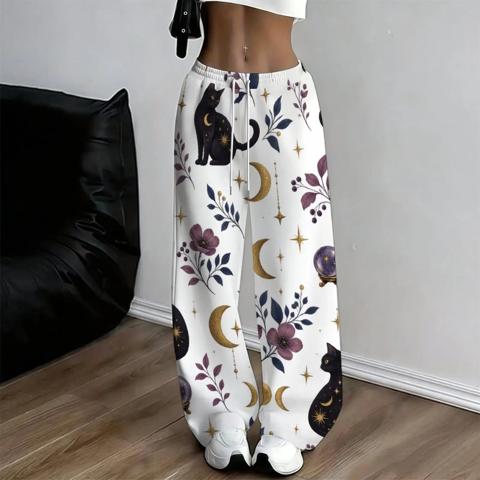 Women White Printed Loose Straight Leg Full Length Pants Owl Moon Star Autumn Leaf Book Pattern Trousers