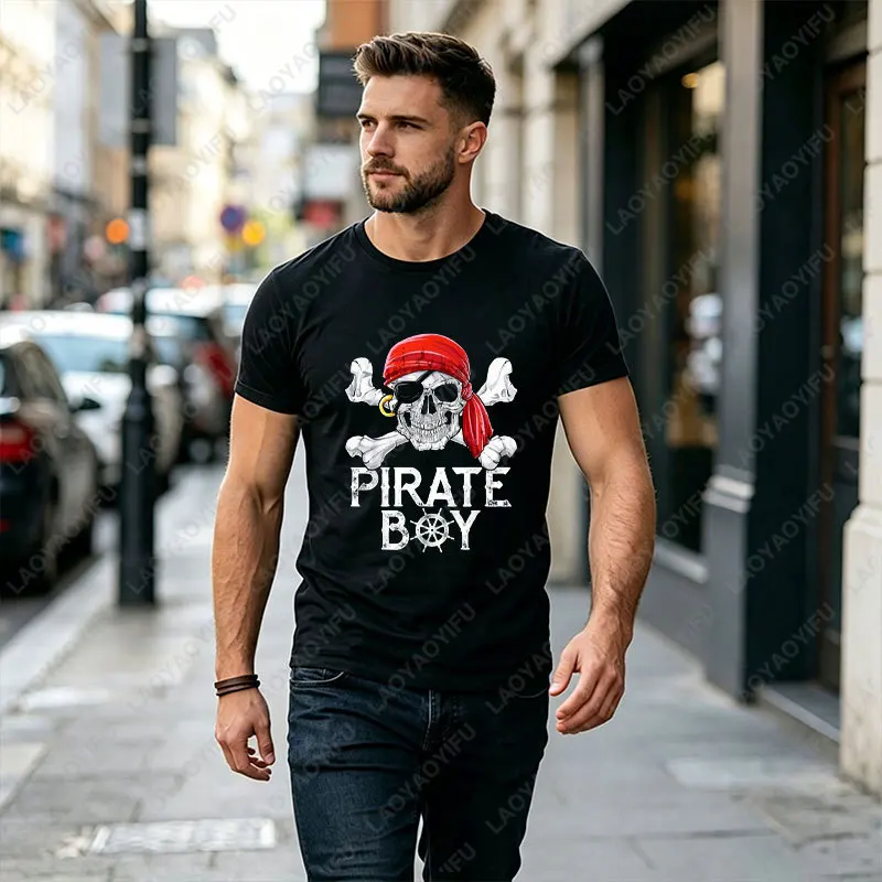 Men's Pirate Captain Graphic T-shirt with Red Bandana & Crossbones Design 100% Cotton Short Sleeve Streetwear Casual Tshirt