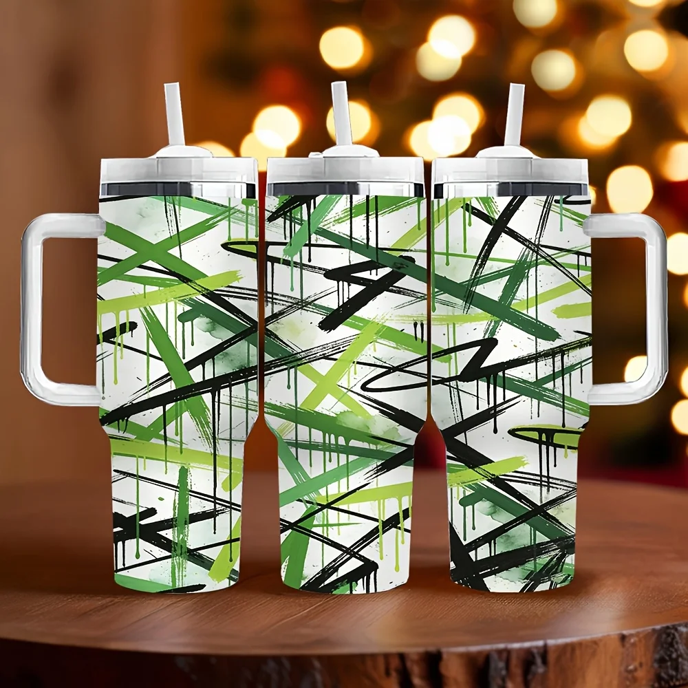 Abstract Green And Black Brush Splash Stroke Pattern Insulated Travel Tumbler with Handle And Drinking Straw