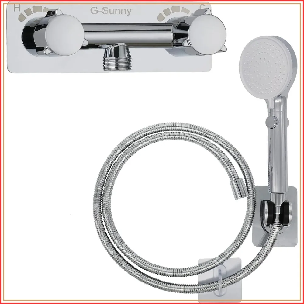 RV Shower Faucet with Hose and Shower Head, Metal Camper Shower Faucet Replacement, On-Off Shower Head with Guide Ring and Holder for RV, Camper, Motorhome (Chrome)