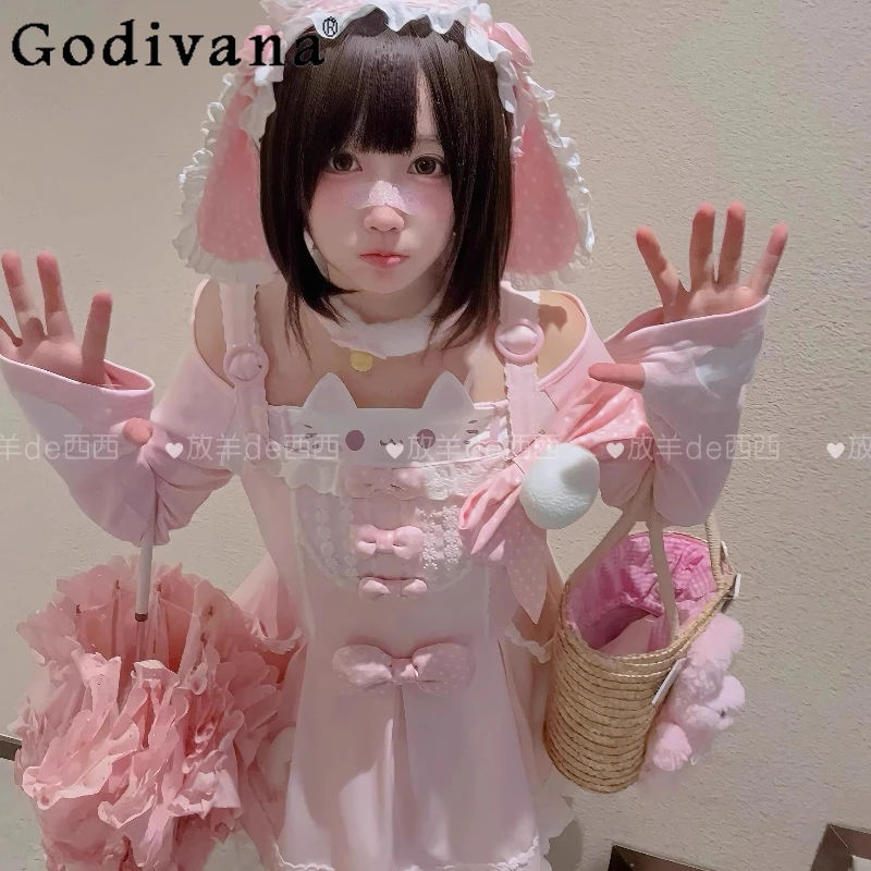 

Original Soft Girls Kawaii Pink Strap Dress New Women's Cute Bow Y2K Mini Lolita Dress Leg Ring Hairband Set Daughter Clothes