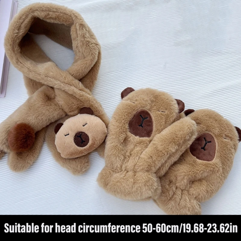 Luvas cachecol pelúcia capivara para inverno, conjunto 2 1 para clima frio