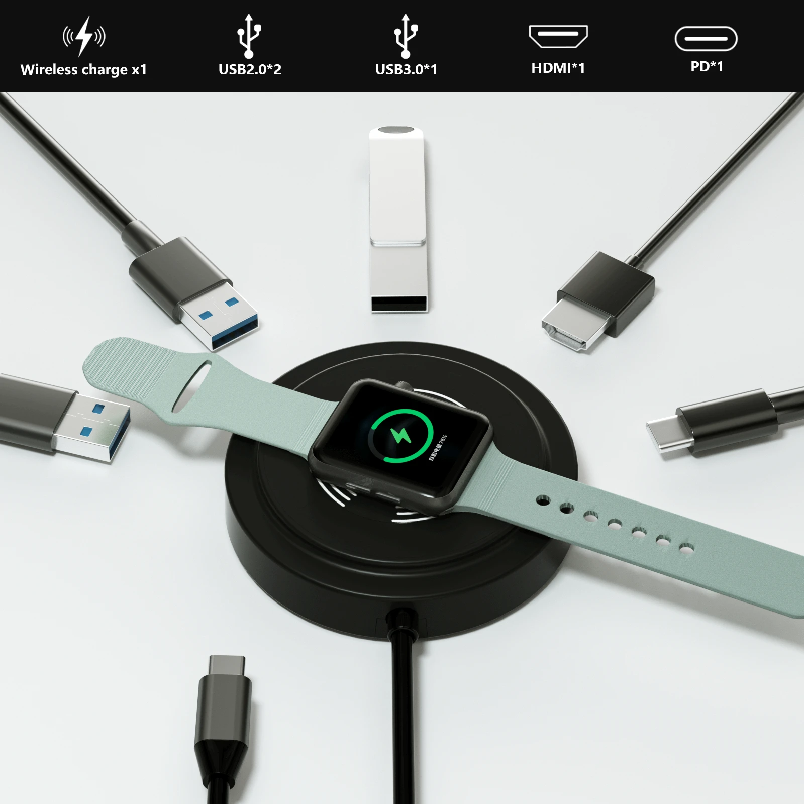 

FC&EC 6-In-1 Usb C Hub 5gbps Type C Docking Station 15w Wireless Fast Charging 4K 30HZ HDMI Pd Power Inlet For Phone Computer