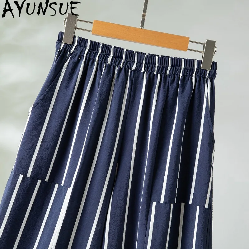 AYUNSUE 76% Silk Women's Pants and Trousers Vacation Style Striped Pants for Women Elastic Waist Casual Pants Woman Clothes 바지