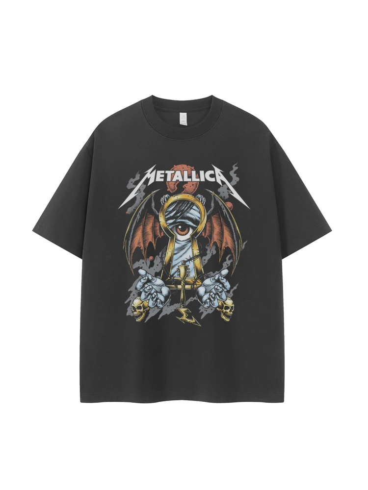 Metalllica Metal Band Vintage American Streetwear Short Sleeve T-Shirt Shoulder-Drifted Casual Top for Youth Breathable Cotton