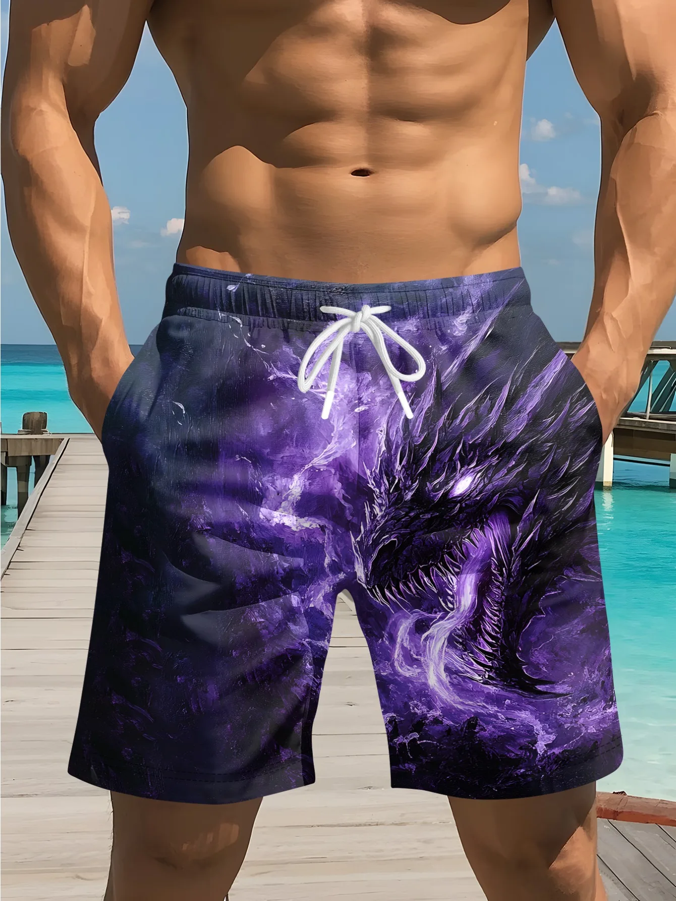 

Dragon Pattern Men's Shorts Fashionable Couple 3D Line Printed Swim Trunks Quick Drying Beach Shorts Casual Street Style