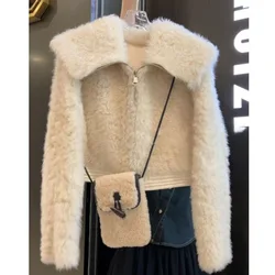 Giacca con risvolto in pile di lana di agnello Ropa Mujer cappotto con Zip Vintage felpe con cappuccio da donna felpe Casual Y2k abbigliamento invernale top in pelliccia