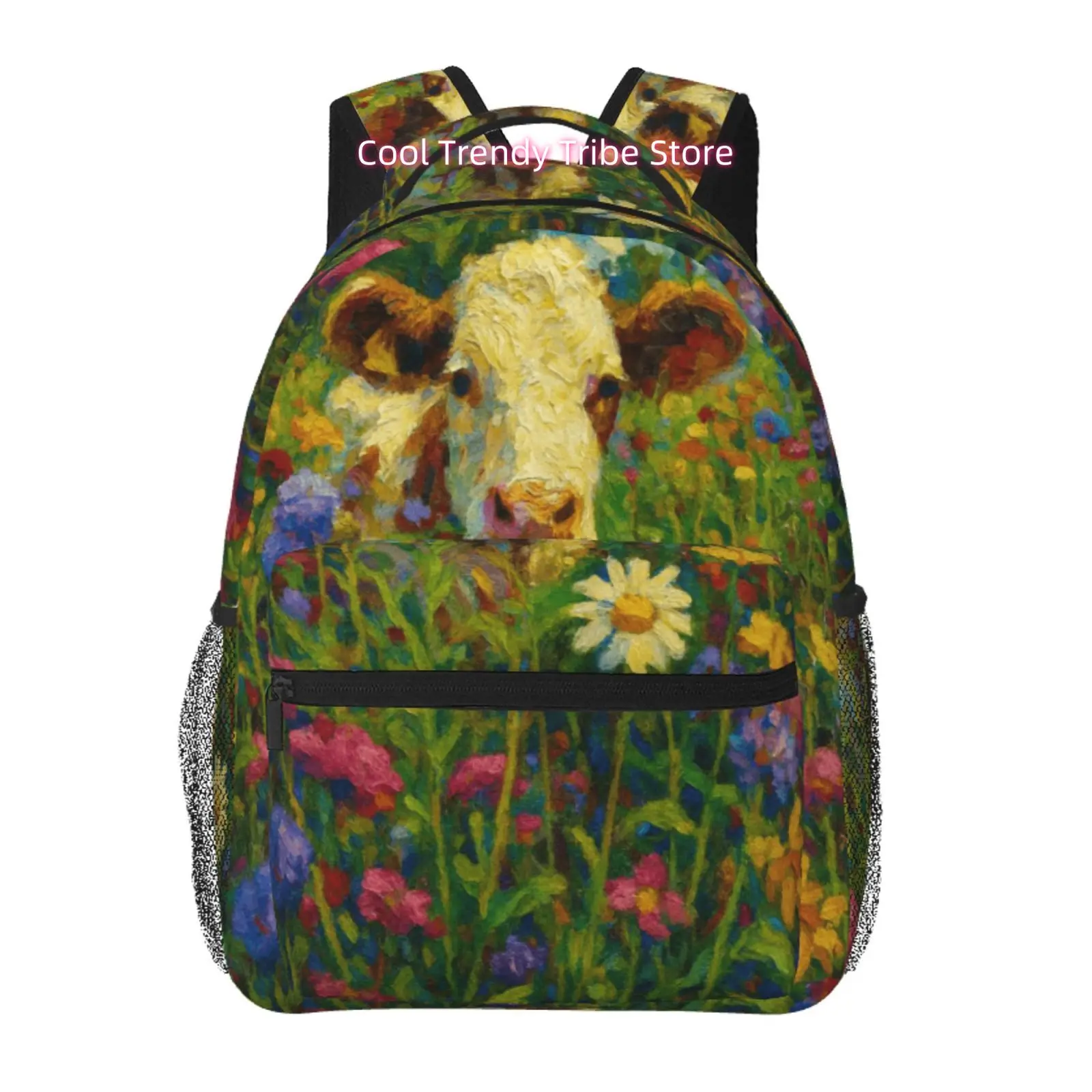 Oil Painting Cow& Wildflower Print Backpack, Artistic Oxford Daypack, Trendy Travel And Sports Bag, Ideal for Ipads And Laptops,