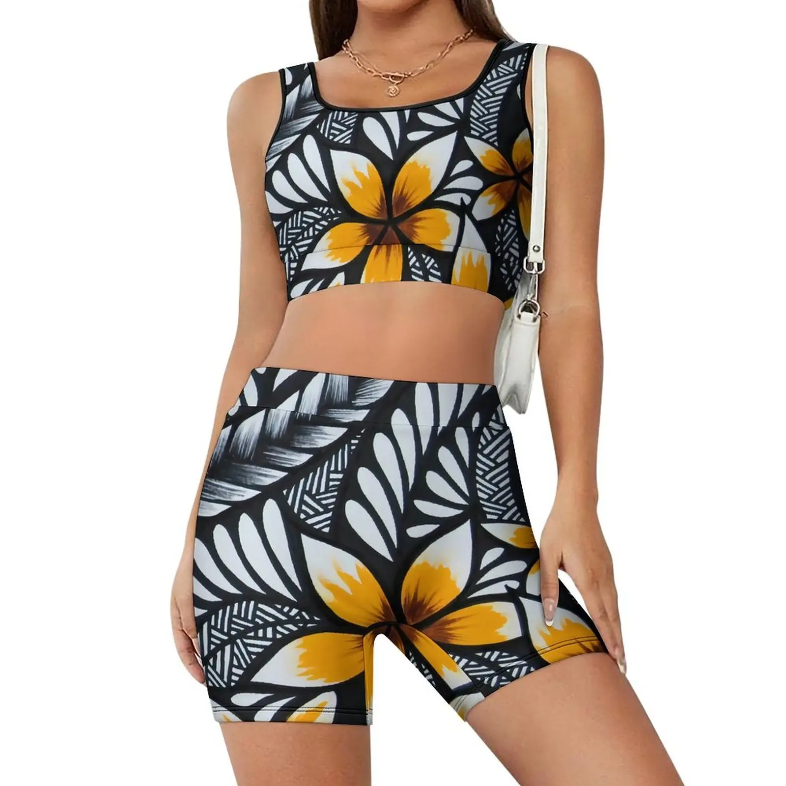 Sleeveless Two-Piece Yoga Exercise Set Polynesian Print Elegant Set Customizable Pattern Yoga Set