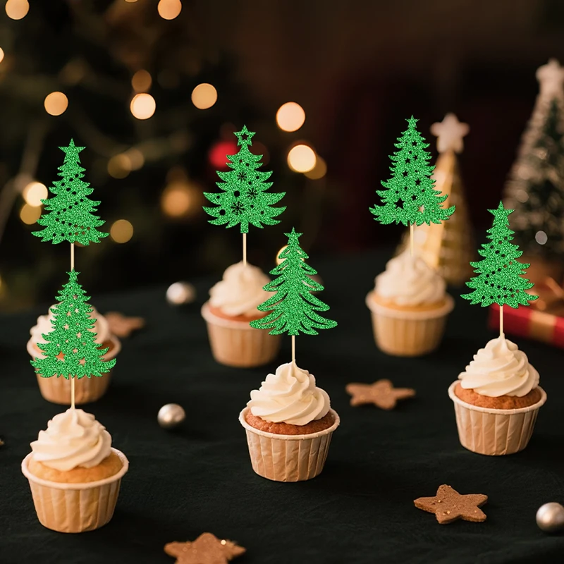 YOMDID 24 Stück Weihnachtsbaum-Cupcake-Topper, glitzernde Weihnachtsbaum-Kuchendekoration, Winter-Weihnachtsbaum, Schneeflocke, Cupcake-Picks – Detail 10