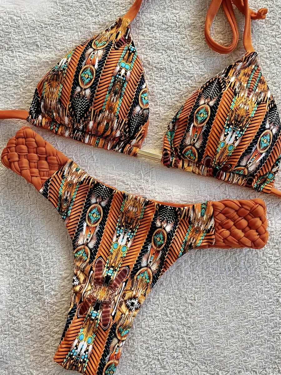 Printed Halter Braided Rope Mini Thong Bikini Female Swimsuit Women Swimwear Two-pieces Bikini Set High Cut Bather Bathing Suit