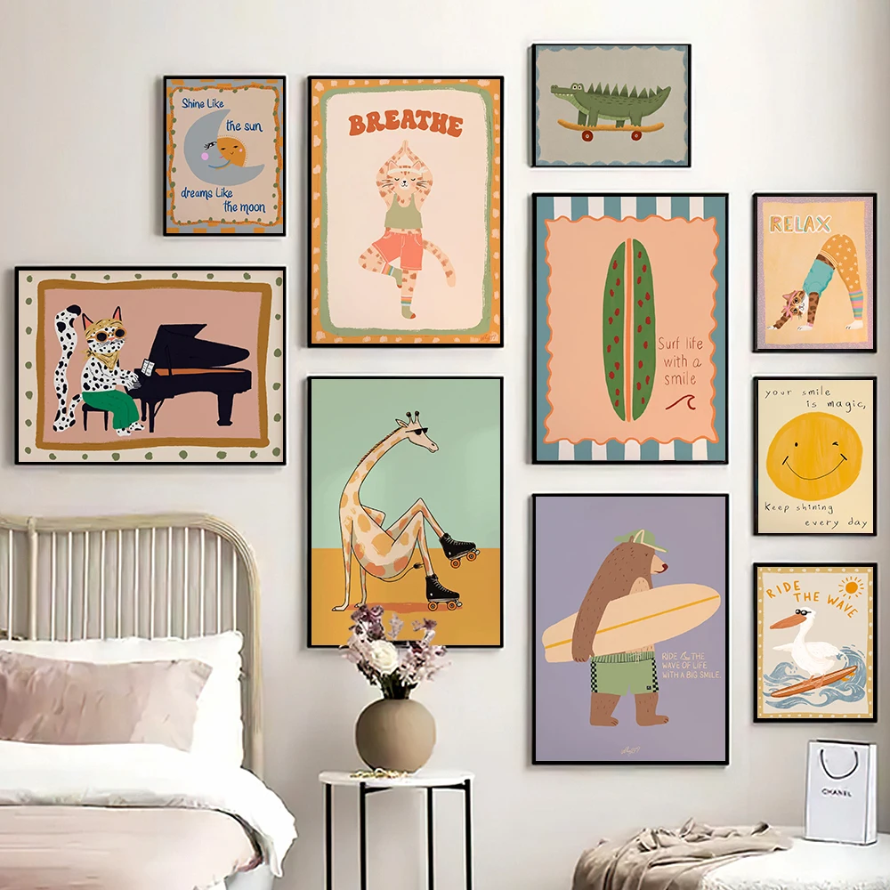 

Giraffe Roller Skating Wall Art Kids Room Poster Montessori Nursery Decor Playful Surfing Bear Cat Yoga Animal Print Pictures