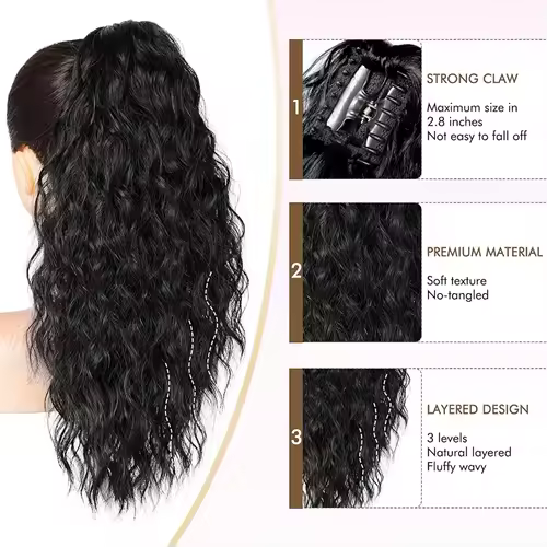 Synthetic Claw Long Wavy Ponytail Extension Black Brown 18-30" Curly Pony Tail Clip in Hair Extensions Fluffy Natural Looking - Image 4