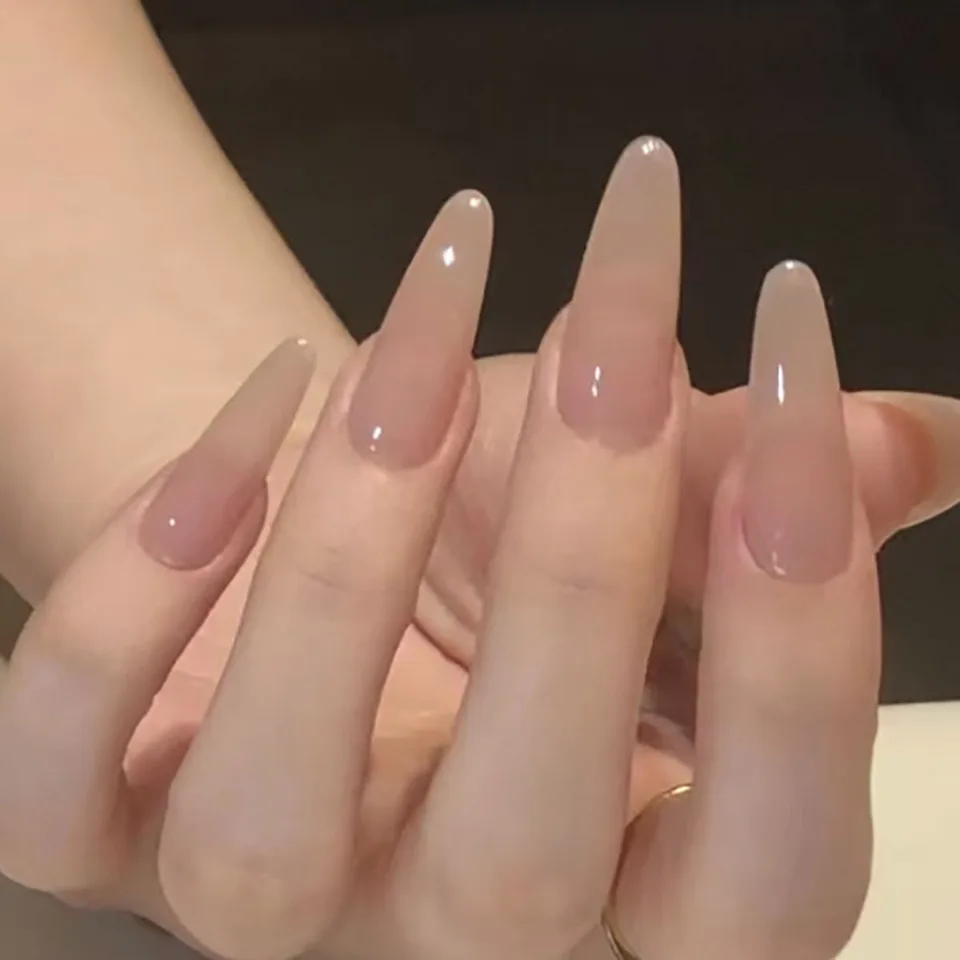 24 Piezas Uñas Postizas Francesas Largas Puntiagudas Full Cover Degradado Rubor Sencillas Acrílicas Falsas Removibles 3