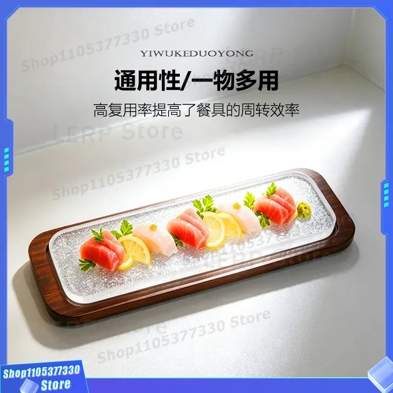 Wooden Base Glass Plate for Sushi Serving Fresh Meat Preservation Dish High End Tableware for Hot Pot Restaurant Decorative