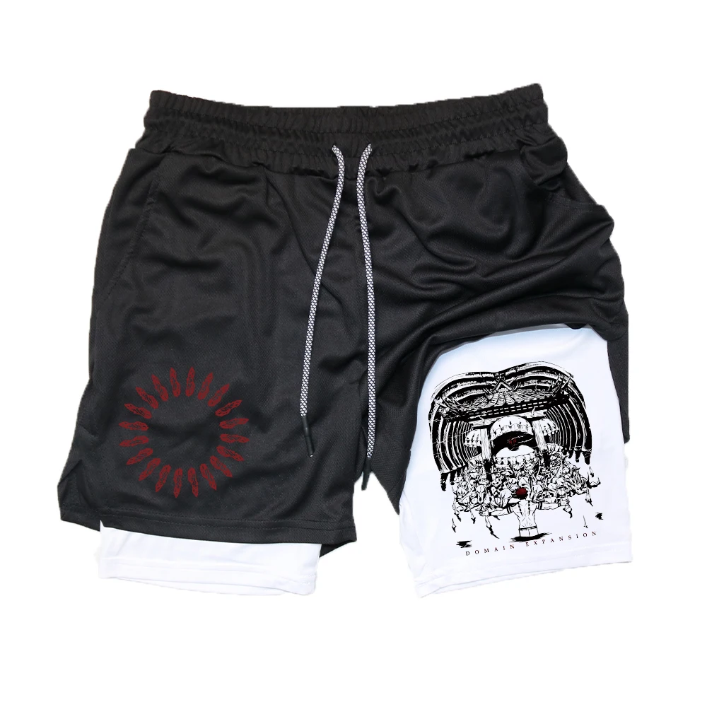 Anime Gym Shorts Berserk Guts and Toji Printed Men GYM 2 In 1 Bilayer Sports Shorts Workout Running Performance Short Pants