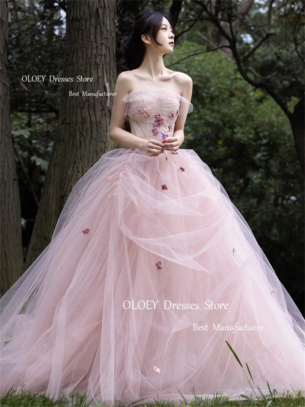 OLOEY Fairy Blush Pink Evening Dresses Tulle A-Line Elegant Prom Gowns Off Shoulder Photoshot Occasion Gowns Free Customized