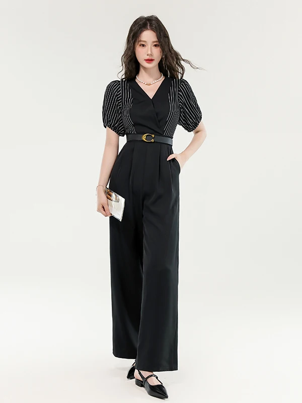 

Ele Summer Godd Sle Цельный брючный костюм Роскошные высококачественные полосатые шифоновые брюки с широкими штанинами для поездок на работу Faion