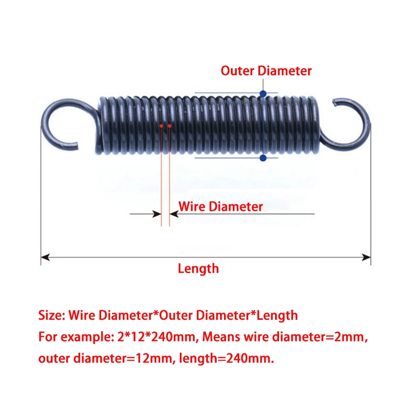 Coil Extension Spring Wire Diameter 2.0mm OD:10/12/14/16/18/20/22/24mm Length:210/220/240/250/260-300mm Open Hook Tension Spring