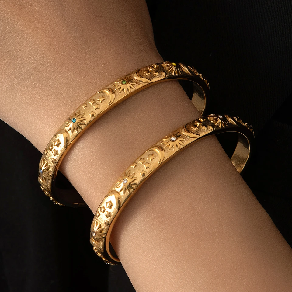 Classic Stainless Steel Moon Star Sun Bangle Bracelet Stylish Metal Open Wrist Bracelets For Women Party Gift