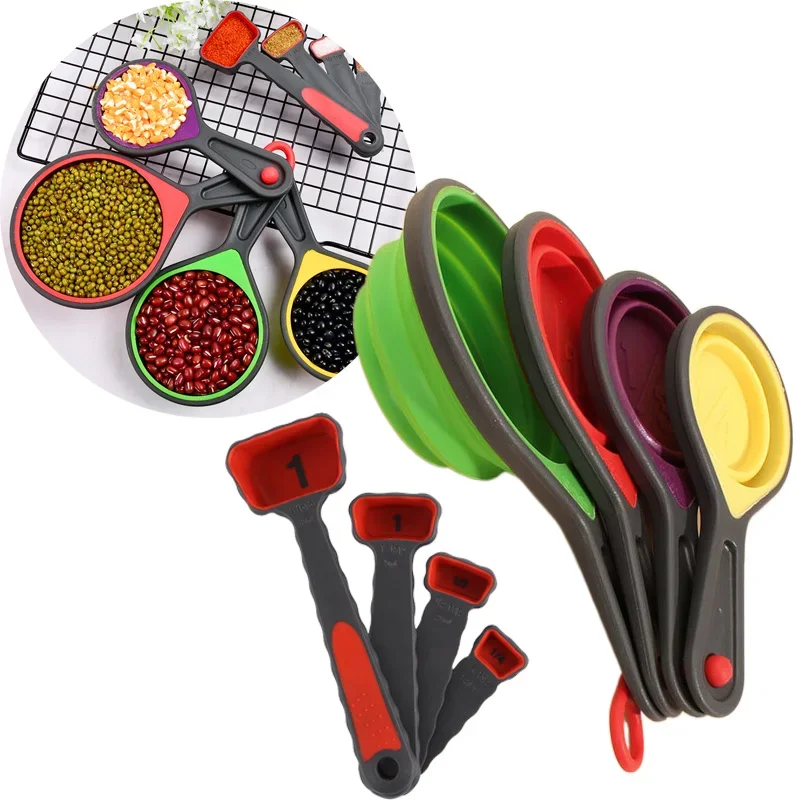 

4/8Pcs Silicone Measuring Cup Measuring Spoon Collapsible Baking Measuring Tool Set for Coffee Flour Honey Sugar Baking Spoon