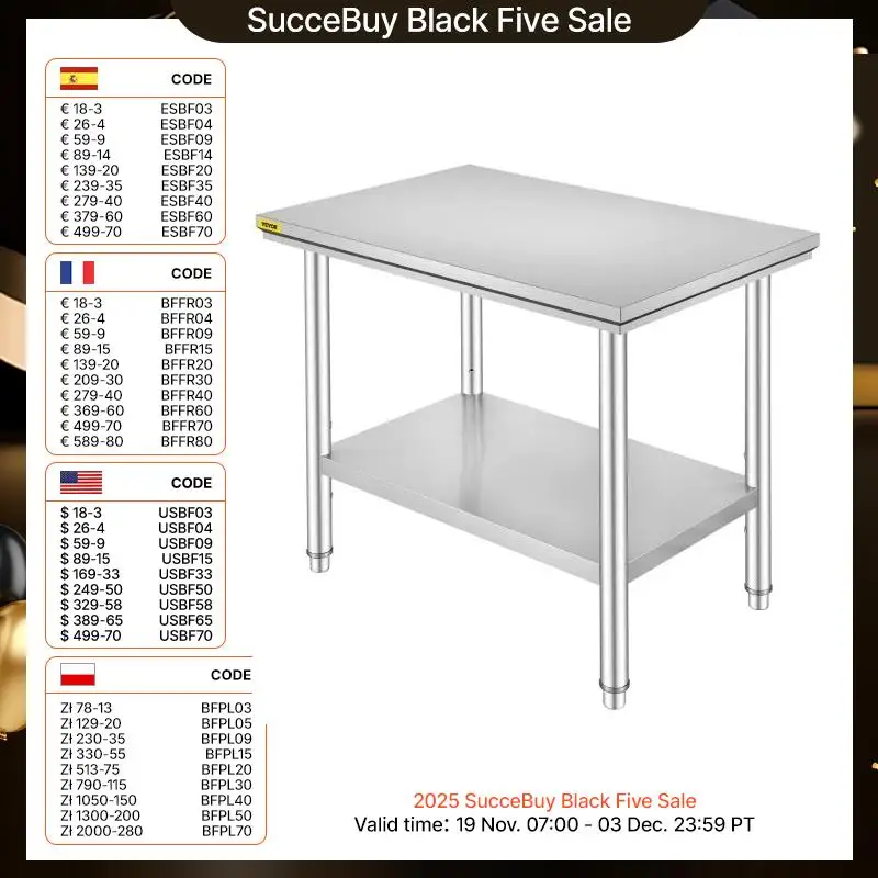 VEVOR Edelstahl Arbeitstisch 900 x 600 x 800 mm Edelstahltisch Essenszubereitung mit Verstellbare Füße für die Zubereitung von Mahlzeiten, Nähen, Waschen, Basteln, Garagennutzung usw.