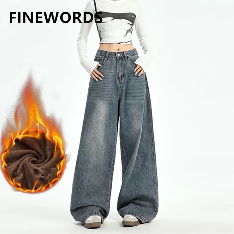 

FINEWORDS винтажные корейские кашемированные зимние джинсы с широкими штанинами, женские повседневные теплые джинсы в стиле Харадзюку, уличная одежда, мешковатые джинсы с высокой талией