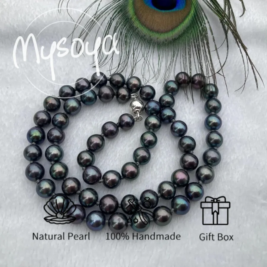 

MYSOYA 10-11 мм большое ожерелье из натурального черного пресноводного жемчуга для женщин и мужчин с подарочной коробкой подарок на день рождения, свадьбу, годовщину