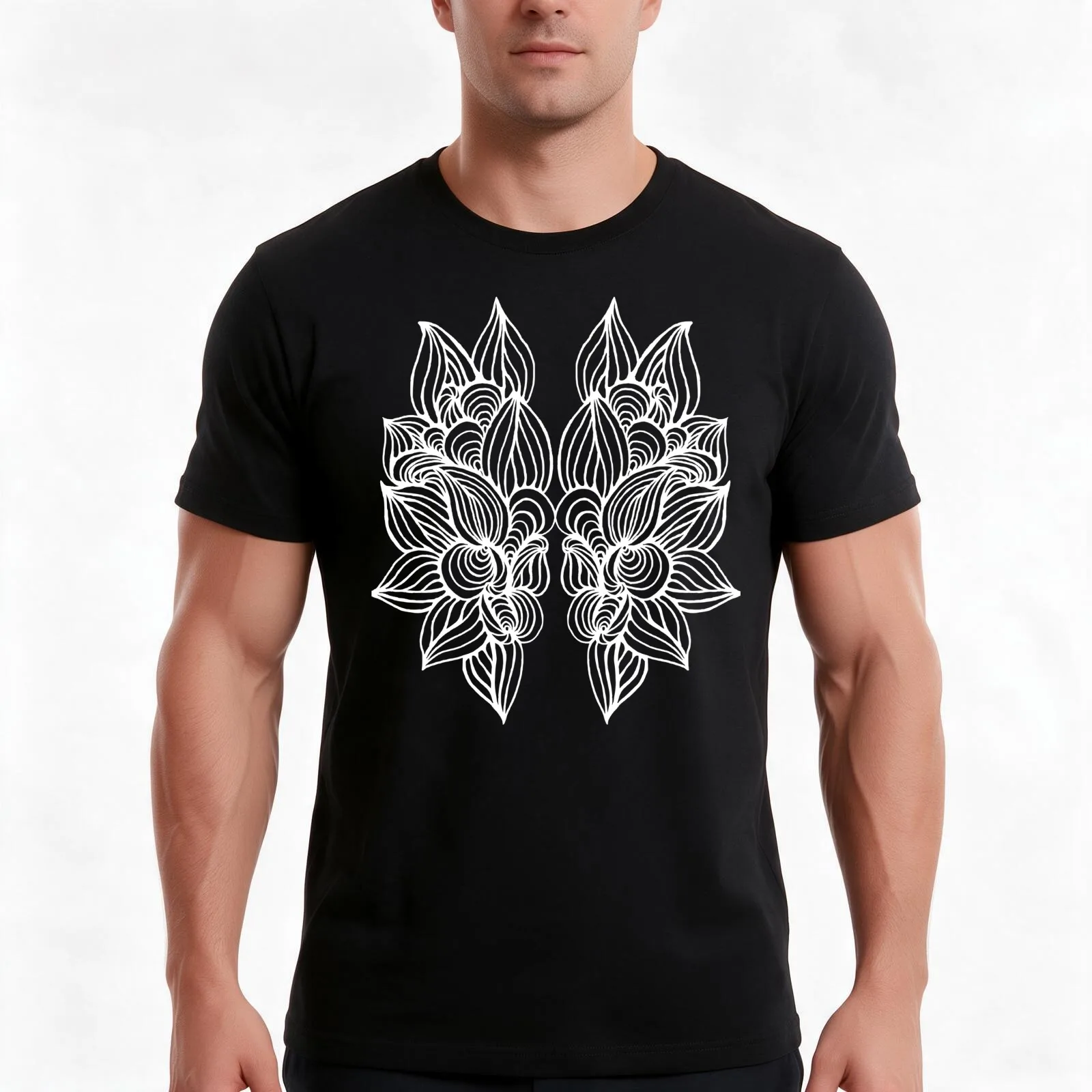 Hand drawn abstract floral leave doodle pattern T-Shirt, Summer Casual Cotton Tee, Oversized Streetwear Tops, Unisex Men Women