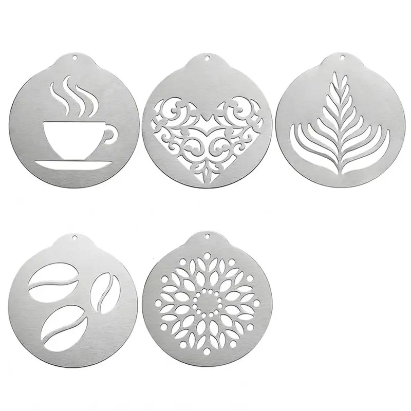 A25F-5Pcs Stainless Steel Latte Art Stencils, Reusable Cappuccino Decorating Templates For Coffee, Cake, And Chocolate