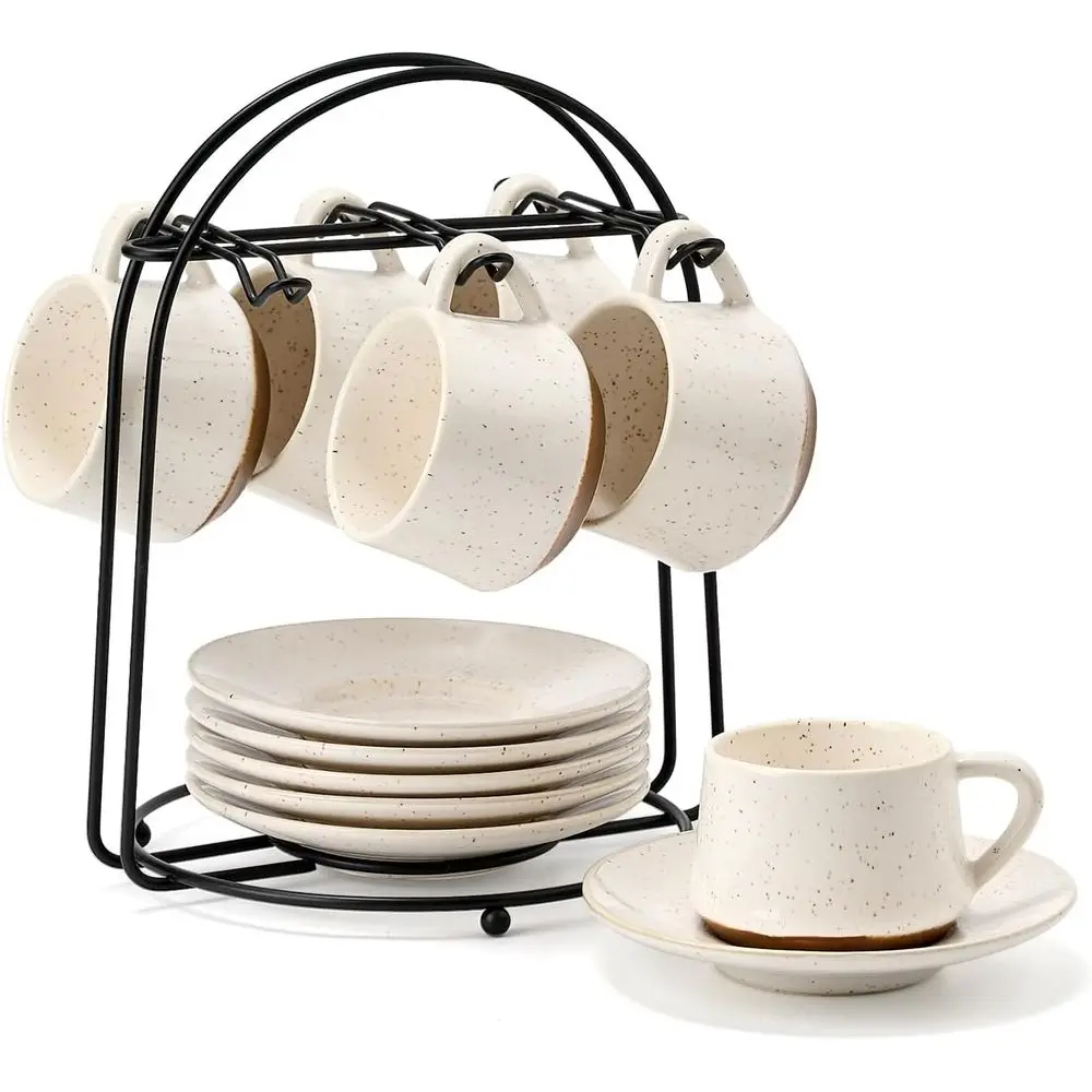 

6-Piece Stackable Espresso Cup Set with Saucers, 4 oz White Demitasse Cups, Microwave and Dishwasher Safe