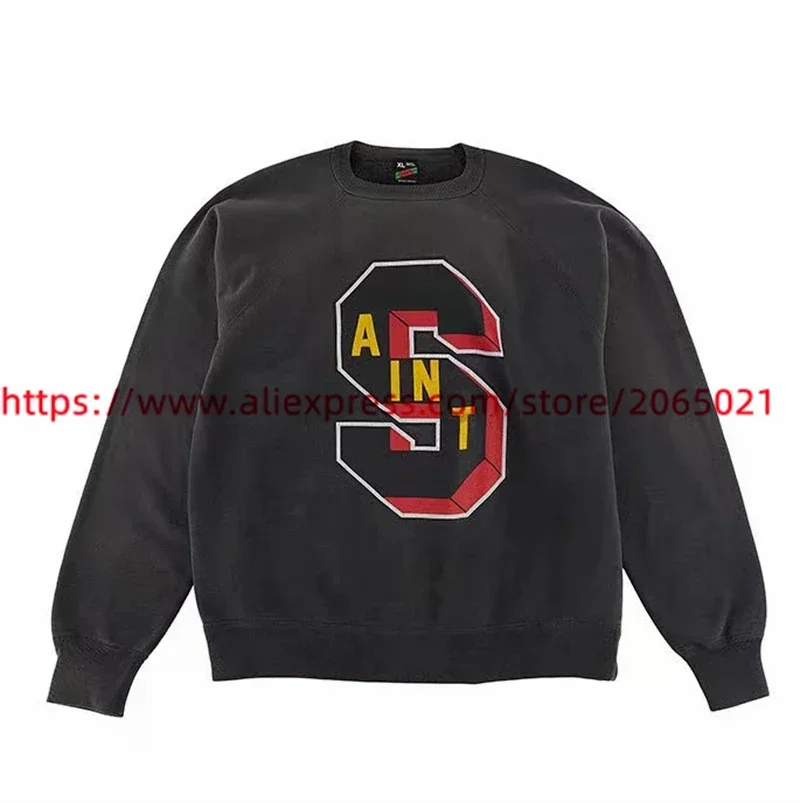 Nice Washed SAINT Sweatshirts Men Women Round Neck Crack Hoodie Crewneck