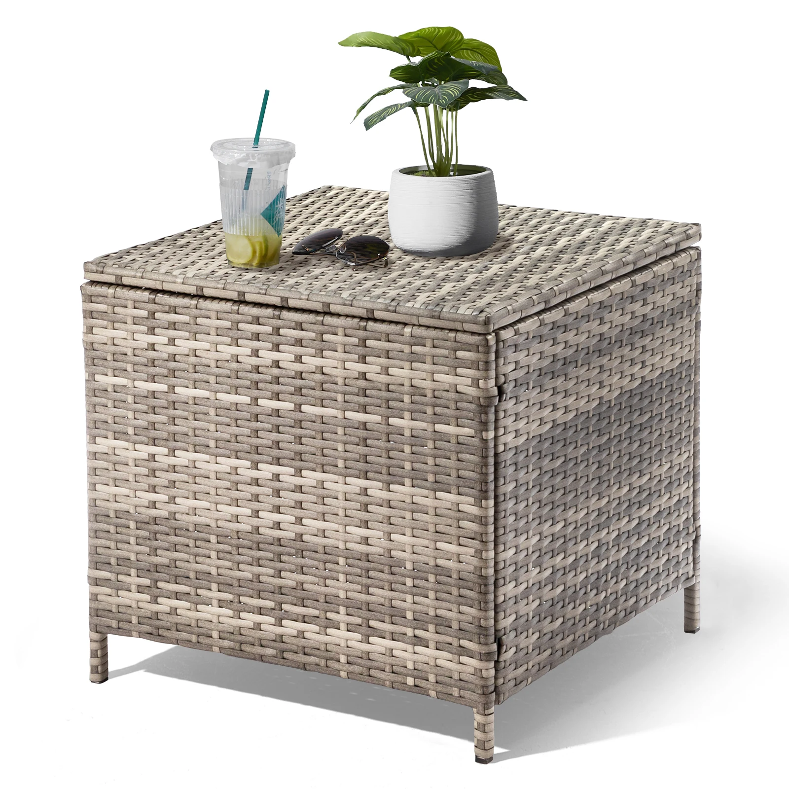 

Outdoor PE Wicker Side Table with Storage, Patio Rattan End Table Square Container for Furniture Covers, Toys and Gardening Tool
