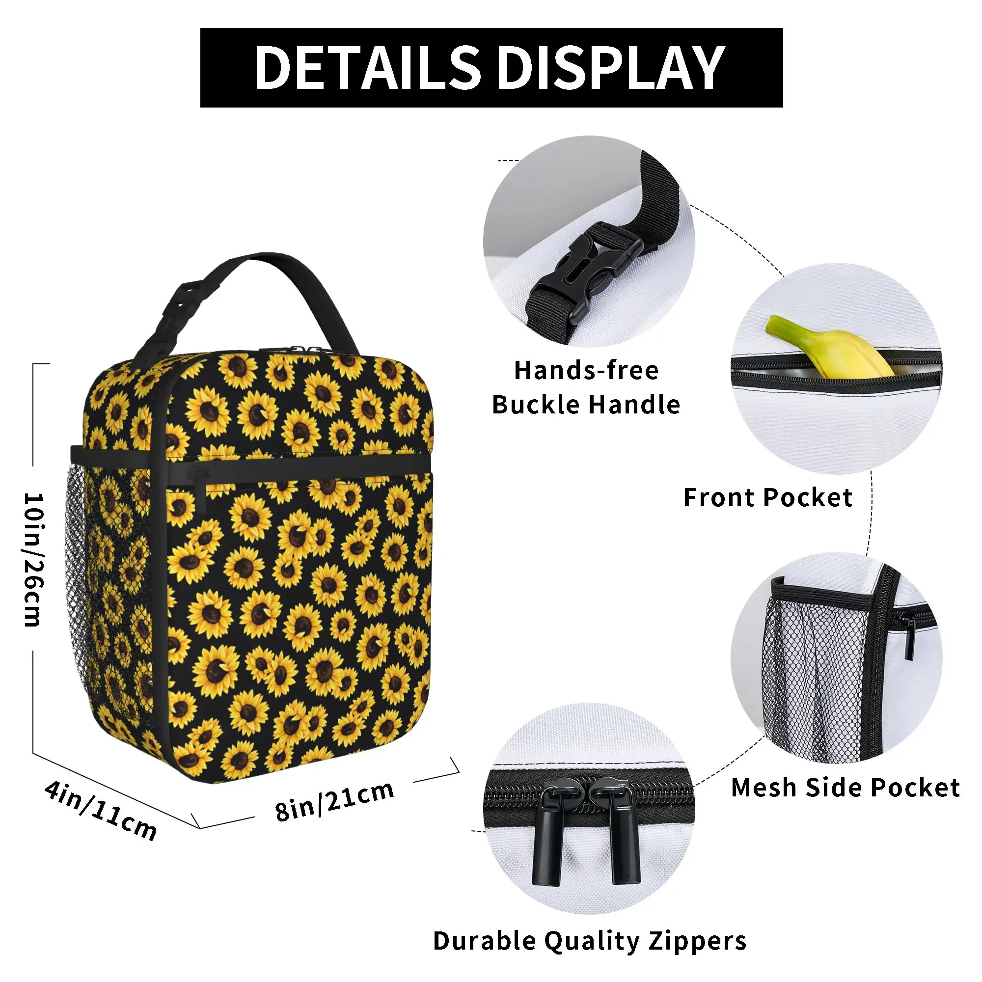 Sunflower Bloom Black Background Lunch Bag  Office Lunch Box For Women  Fun Print Tote Food Bags Waterproof Portable Cooler Bag