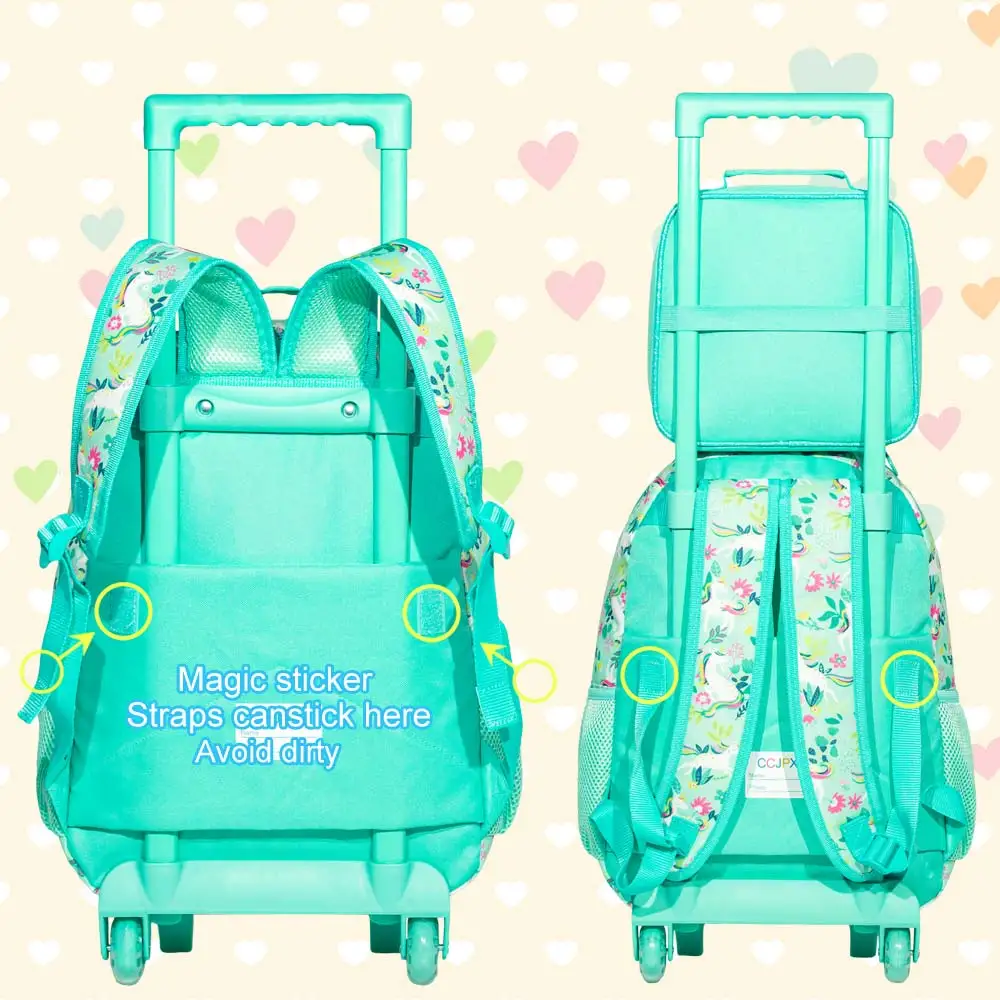 3PCS Rolling Backpack for Girls Kids Roller Wheels Bookbag with Lunch Bag Green Unicorn Glow-in-the-dark Function