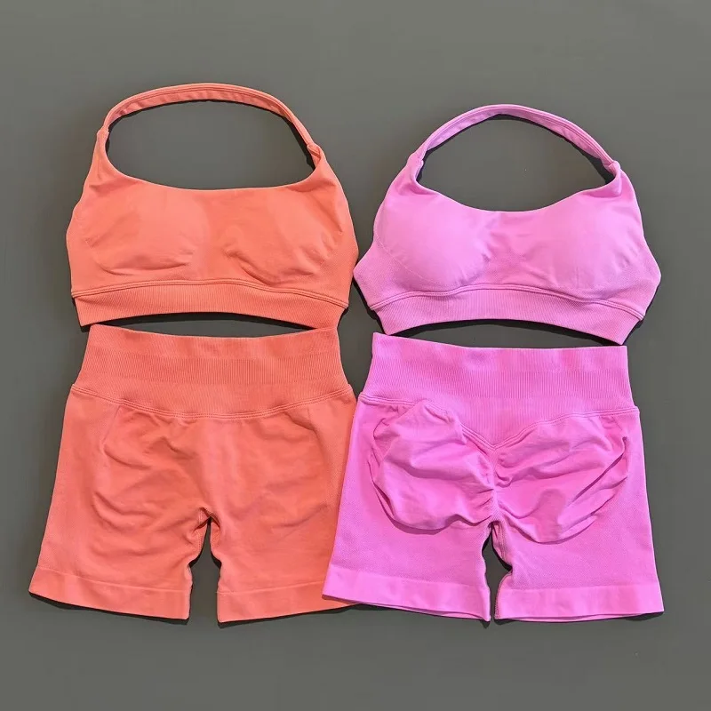 2 Piece Fitness Set Women Sports Bra Push Up Backless Gym Quick Dry Butt Lifting Yoga Shorts Running Workout Pilates Activewear image 6