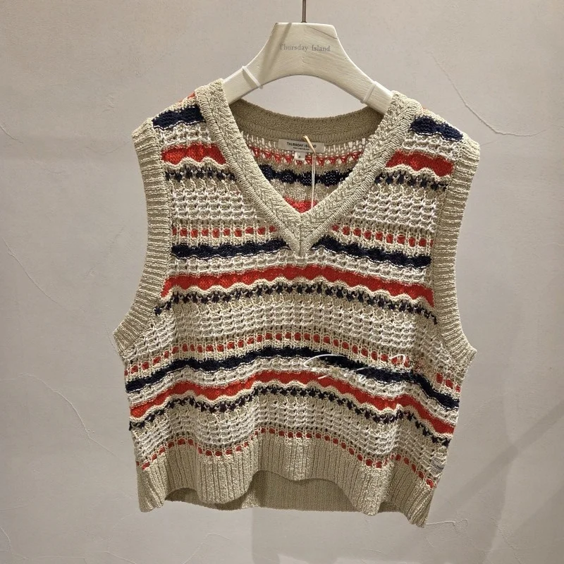 

Вязаный жилет в корейском стиле с цветочным узором, V-образным вырезом, в стиле колор-блок, в полоску, универсальный, стройнящий, базовый слой, без рукавов