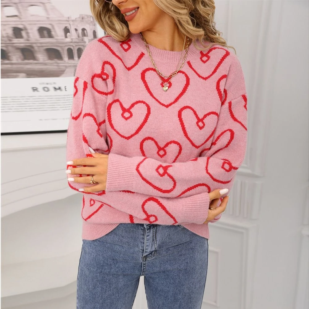 

2025 Autumn/Winter New Style Round-neck Heart-Colored Contrast Sweater