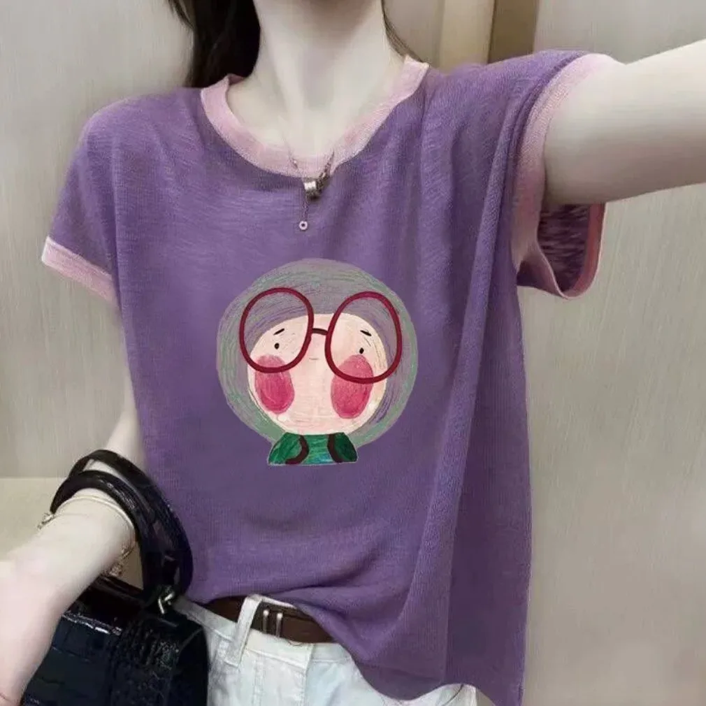 Outlet Summer Ice Silk ort Sve T-irt Women's Faion round Ne Thin Printed Top Cool Sensation Loose Fit Regular Length