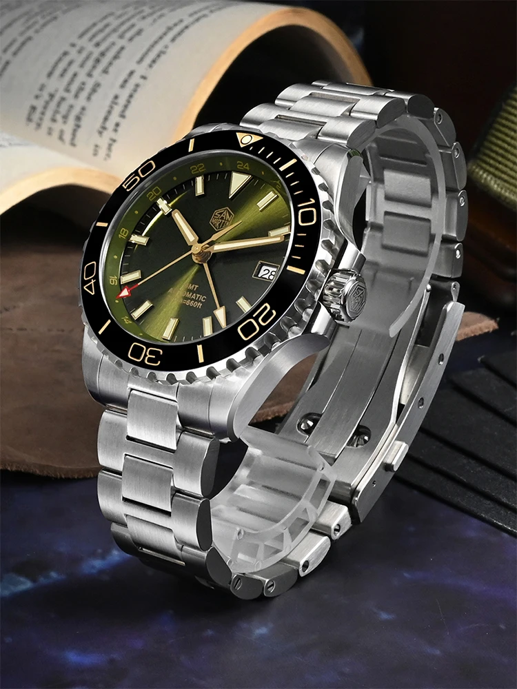 San Martin 39mm zegarek dla nurka GMT emaliowana tarcza NH34 luksusowy męski zegarek ze stali nierdzewnej automatyczny mechaniczny szafirowy Luminous SN0136