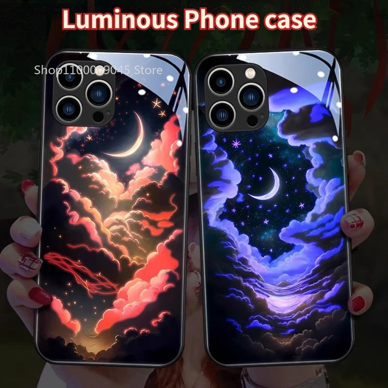 

Colorful Sky LED Light Glowing Luminous Tempered Glass Back Phone Case For iPhone 15 14 13 12 11 Pro Max X XR XS 7 8 plus mini