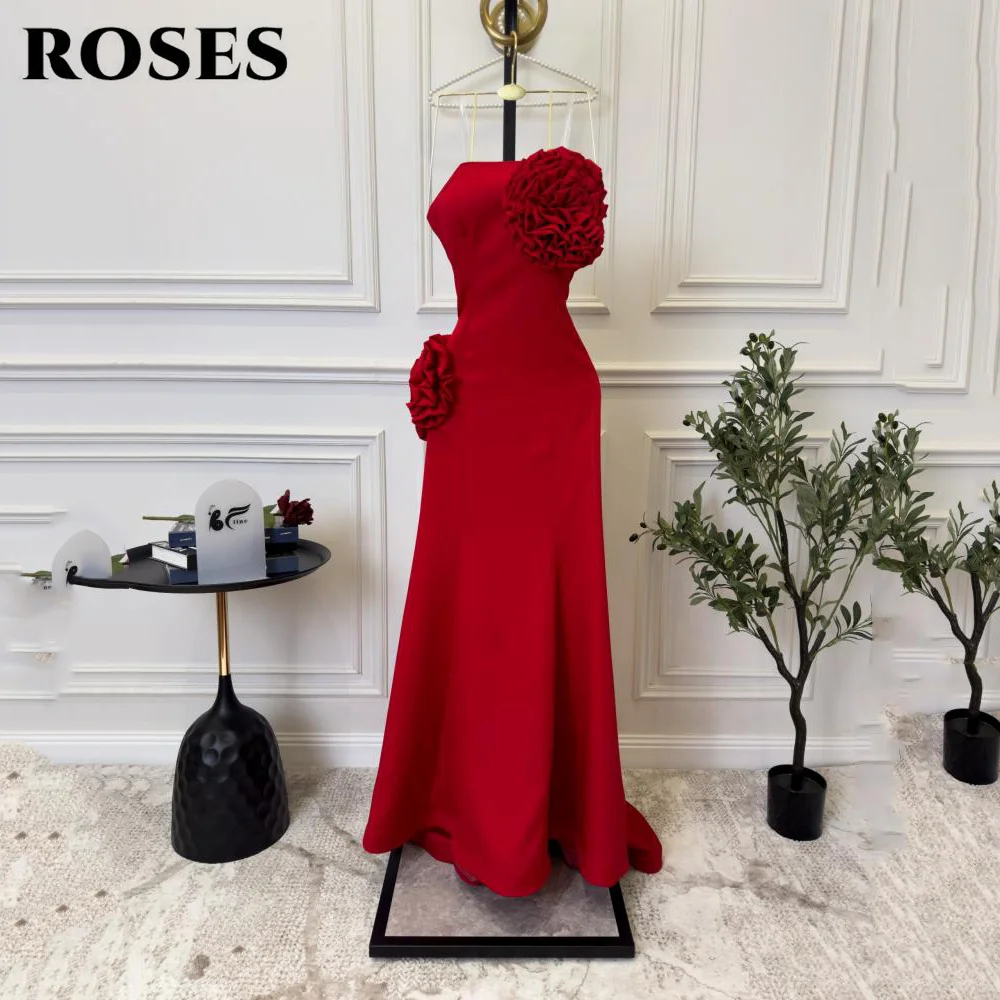 

ROSES Red Stain Party Dress Gown for Women Strapless Mermaid Evening Dresses 3D Flowers فساتين السهرة Customized