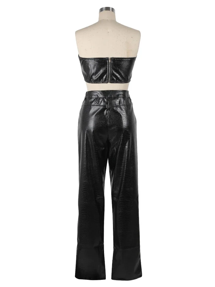 Laxsesu Faux Leather Women\'s Set Sleeveless Zipper Fly Crop Top and Wide Leg Pants 2024 PU Two 2 Piece Sets Outfits Tracksuit