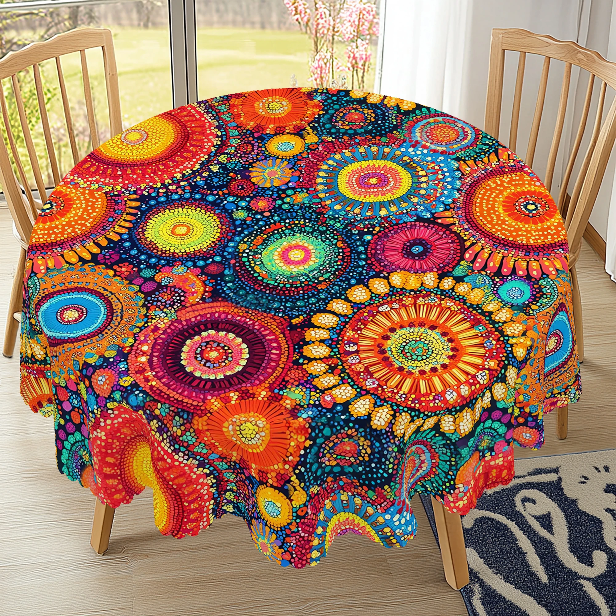 1 Piece of Bohemian Round and Rectangular Tablecloth, Available in Various Sizes, Polka Dot Print Design, Hippie Culture, Carnival Decoration, Mexican, Spring and Summer, Tablecloths for Home Kitchen, Parties, Ethnic Holiday Decoration