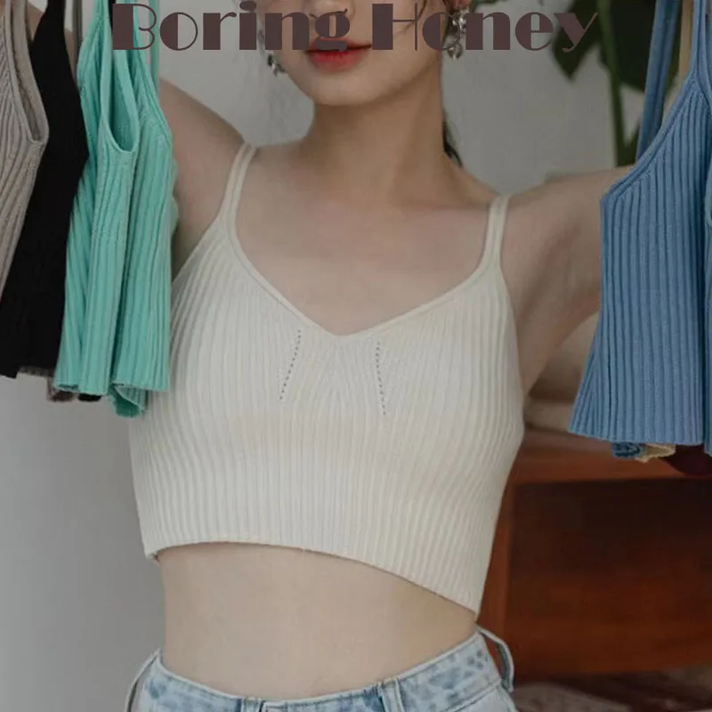 

Boring Honey Fashion Women Blouses Vertical Stripes V-Neck Sexy Ice Silk Tank Tops Knitted Sleeveless Short Women's T-Shirt